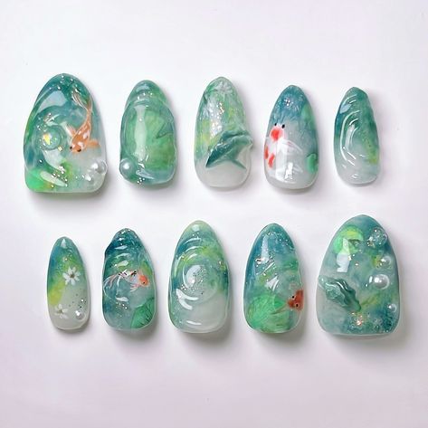 Almond Nails That Go With Everything, Green Gel Nails Ideas Short, Short Almond Press On Nails, Koi Fish Nail Design, Koi Pond Nails, Fish Nails Designs, Short Gel X Nail Designs, Art Inspired Nails, Pond Nails