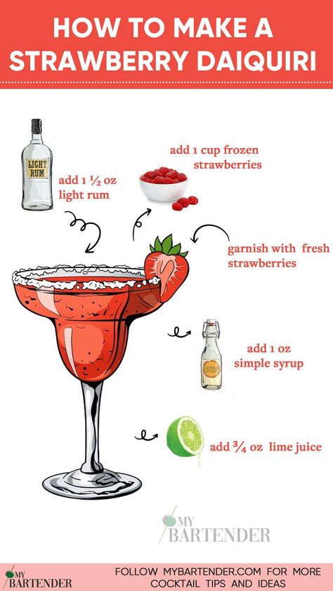 Indulge in the sweet symphony of summer with our Strawberry Daiquiri recipe! ������������ Crafted with ripe strawberries, white rum, and a splash of zesty lime juice, this refreshing cocktail is the epitome of tropical bliss. Elevate your mixology skills and savor the taste of sunshine in every sip. Cheers to the simple joys of homemade cocktails! ������������ #StrawberryDaiquiri #CozyWarmBeverages Strawberry Daiquiri Recipe, Daiquiri Recipe, Refreshing Cocktail, Homemade Cocktails, Rum Cocktails, Light Rum, Strawberry Daiquiri, Simple Joys, White Rum