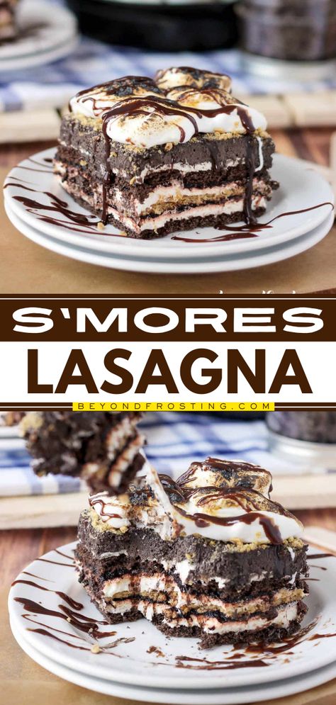 Get ready for this no-bake S'mores Lasagna! Everyone will love this chocolate lasagna. Layered with graham crackers, pudding, and more, this ice box cake is a fun summer dessert! Save this no-bake dessert recipe for an amazing 4th of July treat! Marshmallow Mousse, Pudding Bars, Cracker Chocolate, Smore Recipes, Icing Recipes, Chocolate Whipped Cream, Bake Dessert, Icebox Cake, Toasted Marshmallow