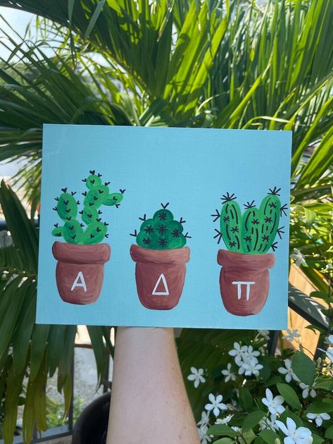 Sorority Canvas Ideas, Cactus Artwork, Vinyl Record Art Ideas, Big Little Canvas, Cactus Canvas, Big Little Basket, Dorm Apartment, Sorority Paddles, Sorority Letters