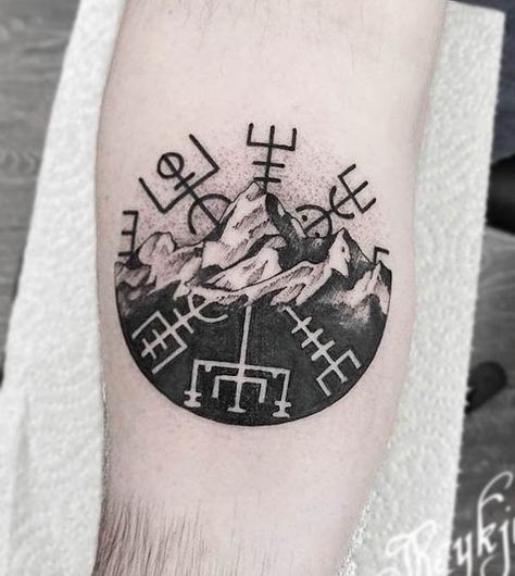 Icelandic Compass Tattoo, Compass Mountain Tattoo Design, Iceland Inspired Tattoos, Compass Mountain Tattoo, Viking Compass Tattoo Design, Icelandic Tattoo Ideas, Hike Tattoo, Norway Tattoo Ideas, Nordic Compass Tattoo