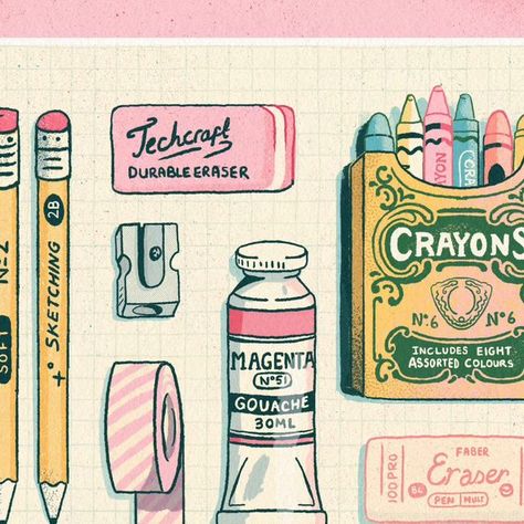 Eve Anderson draws on Instagram: "Some of my favourite art supplies 💗 so delighted to see @thetuesdaycollective theme this week... Crayons! Such a favourite but also had to include erasers, washi tape and all that other good stuff! I've been getting back into my sketchbook practice this week, thanks to a few sketch sessions with friends. That's where this illustration first started and weirdly it didn't change too much in the transition to digital. I think this may have also came from the fact that I'm a recovering art supply addict 🙃 I've gotten my habit a bit more under control and found drawing them almost as satisfying as buying them! 😆 #thetuesdaycollective #artsupplies #crayonillustration #retroillustration #artlicensing" Washi Tape Illustration, Art Supply Illustration, Washi Tape Art, Sketchbook Practice, Tape Art, My Sketchbook, Art Supply, Art Licensing, Retro Illustration