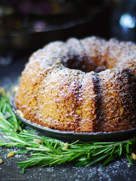 Almond, Rosemary, & Pine Cake {Free from: gluten & grains, dairy, eggs, refined sugar, oil, and gums} Best Apple Desserts, Pumpkin Bundt, Pumpkin Bundt Cake, Hazelnut Cake, Mini Bundt Cakes, Torte Cupcake, Desserts Vegan, Bundt Cakes Recipes, Vegan Christmas