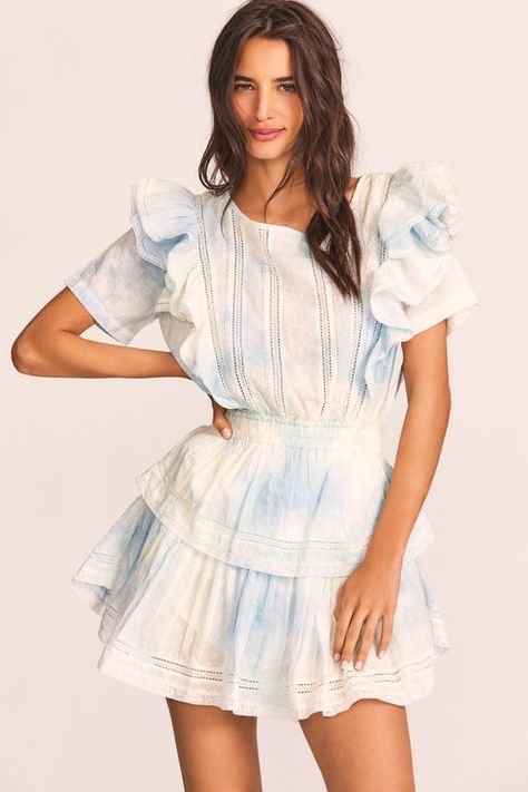 LoveShackFancy - Women's lifestyle and travel inspired clothing Blue Loveshackfancy, Loveshackfancy Dress, Sky Blue Dress, Lily Pond, Ruched Skirt, Lace Inset, Dyed Dress, Ruffled Sleeves, Lace Mini Dress