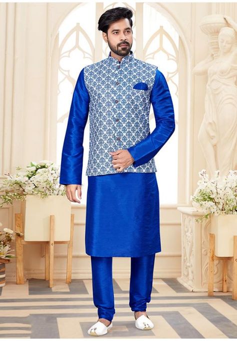 Royal Blue Kurta For Men, Groom Dress Men, Blue Kurta, Mehndi Designs Front Hand, Kurta Pyjama, Jacquard Jacket, Nehru Jacket, Silk Kurta, Indian Groom