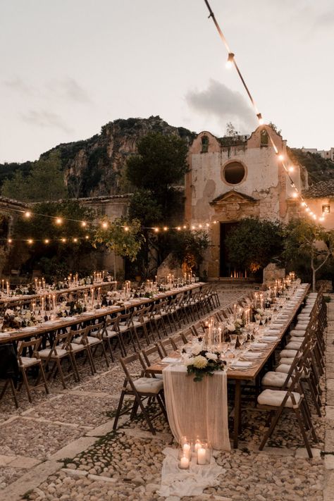 An Italian Wedding at an Ethereal Sicilian Village - The Lane Wedding Ideas Italian Theme, Tuscan Vibe Wedding, Italian Chateau Wedding, Romantic Courtyard Wedding, Summer Bohemian Wedding, Wedding Venues Ethereal, Vintage Tuscan Wedding, Spanish Italian Wedding, Wedding Inspo Italy