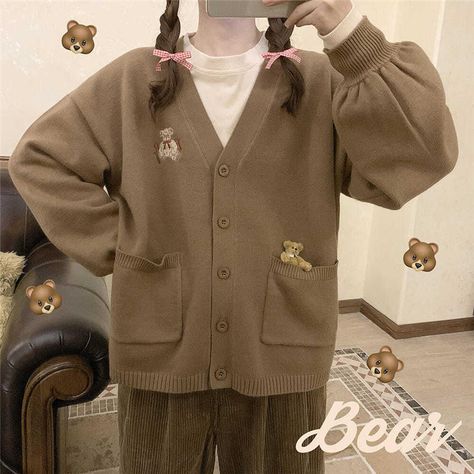 KOSAHIKI Women Sweater Vintage Y2k Loose Knitted Cardigan Bear Embroidery Jumper 2022 Japan Korean V neck Casual Coat Jackets|Cardigans| - AliExpress Cardigan Embroidery, Embroidery Cardigan, Knitted Jackets Women, Kawaii Sweater, Korean Winter, Kawaii Bear, 일본 패션, Bear Embroidery, Bear Sweater