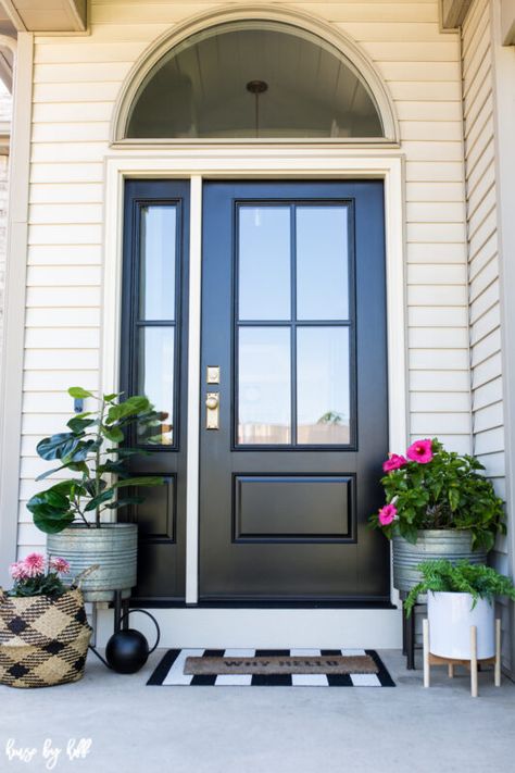 Therma Tru Four Pane Black Front Door and Sidelight Home Depot Doors, Black Exterior Doors, Holiday Dining Room, Black Front Door, Mudroom Makeover, Front Door Styles, Black Front Doors, Diy Mudroom Bench, Real Estat