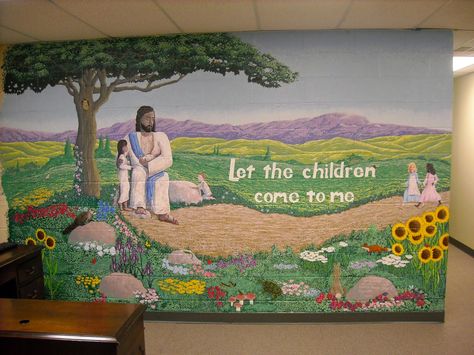 Artist Adron: Painting a Mural In Columbia Md. Jesus with the message of Let the Children Come to Me Nursery Murals, Painting A Mural, Sunday School Rooms, Church Fundraisers, Miracles Of Jesus, Church Nursery, Nursery Wall Murals, School Murals, Nursery Mural