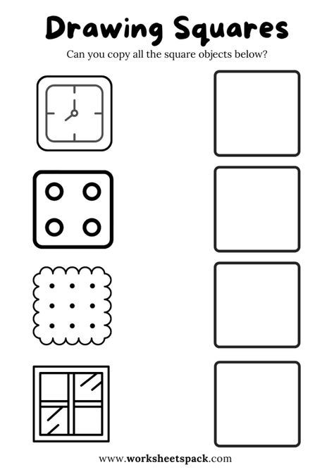 Preschool Worksheets PDF - worksheetspack Square Objects Drawing, Drawing Worksheets For Kids, Square Objects, Drawing Worksheets, Shapes Drawing, Good Man Quotes, A To Z Alphabet, Z Alphabet