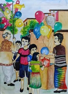 Balloon Man Drawing, Graduation Ball Dress, Subject Drawing, Exam Drawing, How To Draw Balloons, Figures Drawing, Tea Stall, Elementary Drawing, Cartoon Paintings