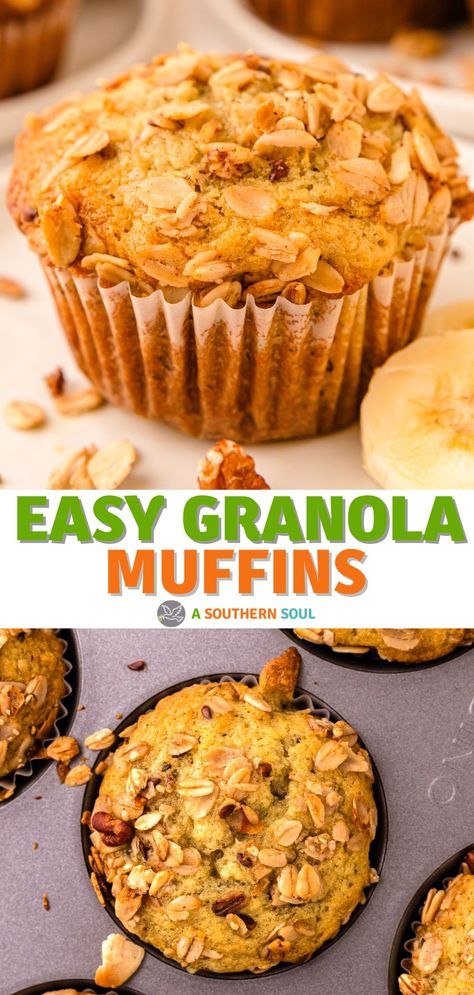 Banana Granola Muffins Granola Muffins, Banana Granola, Easy Egg Salad, Easy Granola, Applesauce Muffins, Healthy Eating Snacks, Tea Bread, Crunchy Granola, Egg Salad Sandwiches