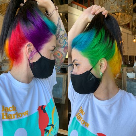 Pinwheel Rainbow Hair, Rainbow Pinwheel Hair, Rainbow Roots Black Hair, Vivid Roots Hair, Rainbow Ghost Roots, Ghost Roots Hair Dye, Rainbow Roots Hair, Color Placement Hair, Black And Rainbow Hair