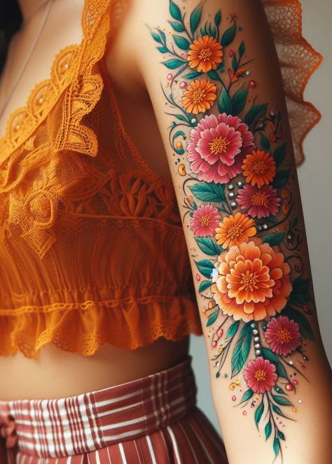 Birth Flower Tattoo Bliss: Stunning Designs | Pocoko Zinnia Tattoo, Marigold Flower Tattoo, October Tattoo, Butterfly Sleeve Tattoo, Ankle Tattoo Ideas, Marigold Garland, Marigold Tattoo, October Birth Flowers, Finger Tats