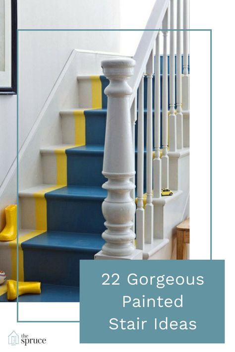 22 painted stair ideas for your home. #stairs #stairideas #paintedstairs #decor #decoration #home Painted Stairs With Stencils, Stairwell Paint Ideas Wall Colors, Painted Wood Stairs Staircase Makeover, Paint Color For Stairs, Banister Paint Ideas, Painted Staircases Color, Painted Banister Ideas Colour, Painted Stair Railing Ideas, Stairs Painted Ideas