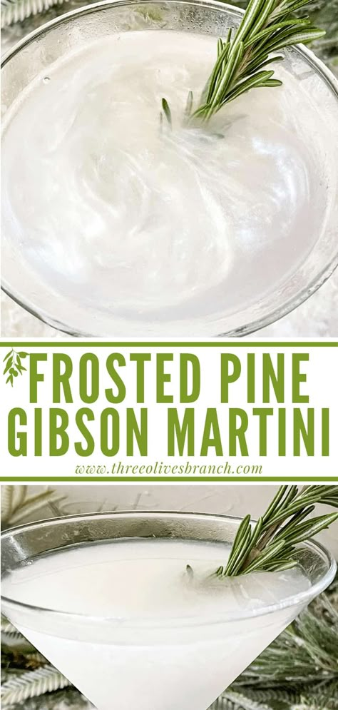 Frosted Pine Gibson Martini is a perfect winter Christmas cocktail recipe. Made with gin and earthy flavors, this drink is great for a party. Use white luster dust for the swirly, white snow effect. Gibson Martini, White Christmas Party, Christmas Martini, White Drinks, Bar Cocktails, Snow Effect, Luster Dust, Christmas Cocktail, Book Bar