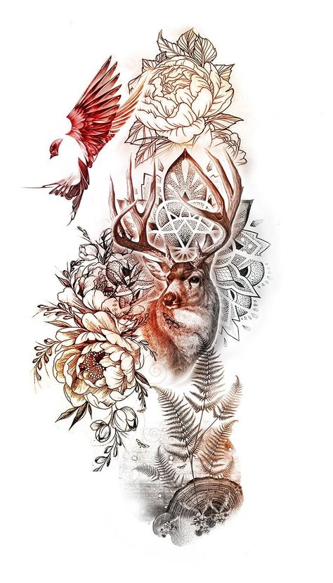 Hirsch Tattoo Frau, Unique Half Sleeve Tattoos, Cowgirl Tattoos, Country Tattoos, Western Tattoos, Deer Tattoo, Tattoos For Women Half Sleeve, Inspiration Tattoo, Tattoos Geometric