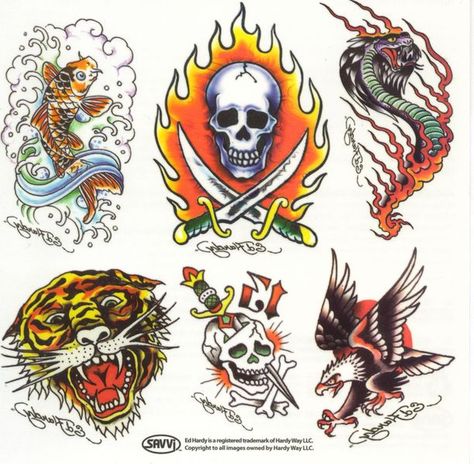 Ed Hardy TATTOOS Skulls Tiger FISH Cobra Snake Eagle Sheet of 6 Ed Hardy Inspired Tattoos, Ed Hardy Flash Tattoo, Ed Hardy Eagle, Ed Hardy Gorilla, Ed Hardy Tiger Tattoo, Sleaze Tattoos, Ed Hardy Flash Sheet, Ed Hardy Tattoos Designs, Ed Hardy Flash