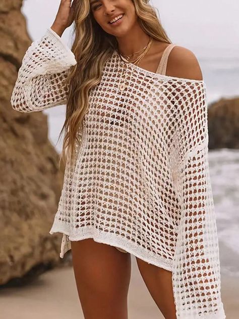 Women Knitted Hollow Out Beach Cover Up Cover Up Regular Fit TopI discovered amazing products on SHEIN.com, come check them out! Beach Sunscreen, Poolside Fashion, Swimsuit Beach, Beachwear Collection, Swimsuits Outfits, Beach Swimsuit, Knit Tunic, Beach Girl, Beach Dress