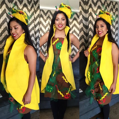 Taco Halloween costume! Taco Costume Diy, Funny Mexican Halloween Costumes, Diy Mexican Outfit Ideas, Diy Taco Costume, Taco Halloween Costume, Mexican Fancy Dress, Mexican Halloween Costume, Chip Costume, Pizza Costume