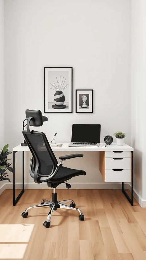 Create a minimalist home office with cozy accents, such as warm lighting, neutral tones, and soft textures for a calming workspace. Work From Home Set Up, Black White Home Office, Minimalist Home Office Ideas, Cozy Minimalist Home, Home Office Background, Black And White Home Office, Home Office Aesthetic, Home Office Modern, Feminine Home Offices