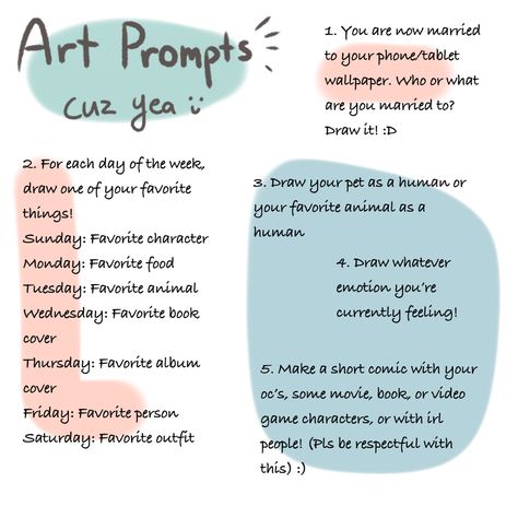 hopefully these will help you with your art block or whateva 😌😊 #artprompts #artblock #drawingideas Art Reference Board, How To Beat Art Block, Art Block Challenge, How To Fix Art Block, How To Get Over Art Block, Artist Block Ideas, Art Ideas For Art Block, How To Get Out Of Art Block, How To Get Rid Of Art Block