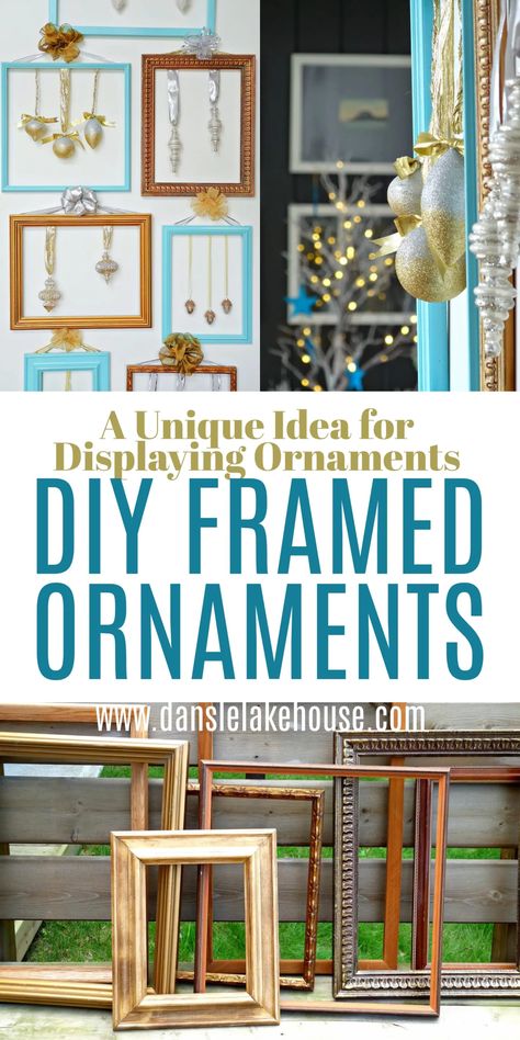 DIY Framed Ornaments. Looking for ideas for displaying ornaments without a tree? Check out the blog for two unique ideas for displaying ornaments - including this DIY framed ornament idea. I love this upcycled Christmas decor project from thrift store frames. Really cute ornament display ideas and DIY ornament display. More DIY Christmas decorations and DIY Christmas decor ideas on the blog. Happy holiday decorating! Display For Ornaments For Sale, Ornaments Hanging From Picture Frame, Ornament Stand Diy, Bauble Display Ideas, Framed Christmas Ornaments, Ornaments Display Ideas, Display Christmas Ornaments Without Tree, Ornament Holder Display Diy, Displaying Christmas Ornaments