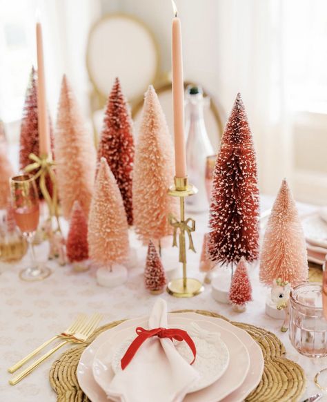 Pink And Red Christmas Decor, Pink Christmas Table, Armoire Ideas, Gingerbread Party, Red Christmas Decor, Floral Installations, Bottle Brush Christmas Trees, Winter Decorating, Pink Xmas