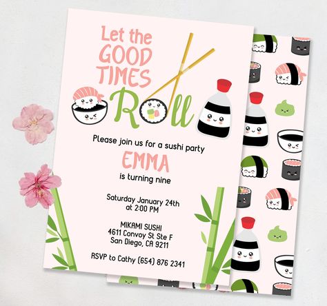 Sushi Birthday Invitation, Sushi Party Invitation, Kids Sushi Party, Sushi Bday Party, Sushi Themed Birthday Party, Sushi Birthday Party Ideas, Japanese Birthday Party Ideas, Sushi Birthday Party, Hibachi Party