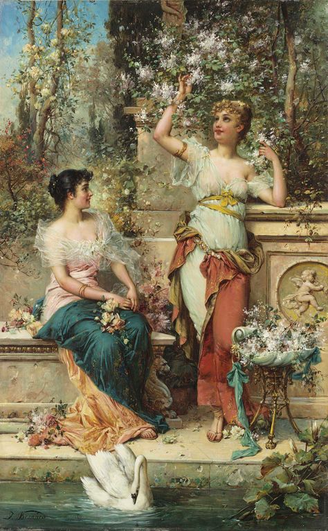 Hans Zatzka, John William Godward, Victorian Paintings, Rennaissance Art, Two Ladies, Fantasy Paintings, Classic Paintings, Park Art, Greek Art