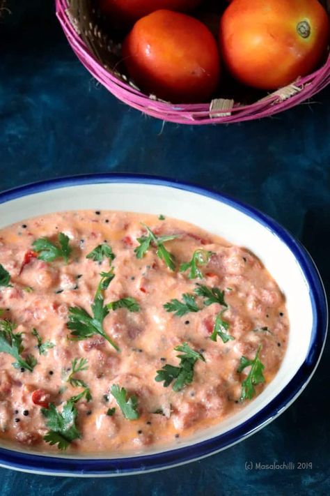 Easy to make Tomato Thayir Pachadi for Rice and Roti. Tomato Thayir Pachadi is a South Indian Raita or Side dish. Recipe under 30 minutes and made for sadya meals. #tomato #pachadi #vegetarian #southindian #raita #easy #lunch #sadya #onam #vishu #recipe #indian #sidedish Yogurt Dishes, Raita Recipe Indian, Indian Raita, Tomato Pachadi, Cooked Tomatoes, Variety Rice, Raita Recipe, Indian Salads, Rice Desserts