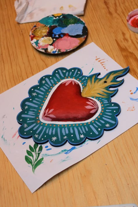 Mexican Heart Art, Heart Art Painting, Mexican Folk Art Decor, Mexican Heart, Mexican Artwork, Homemade Greeting Cards, Valentine Cards Handmade, Diy Ceramic, Heart Drawing