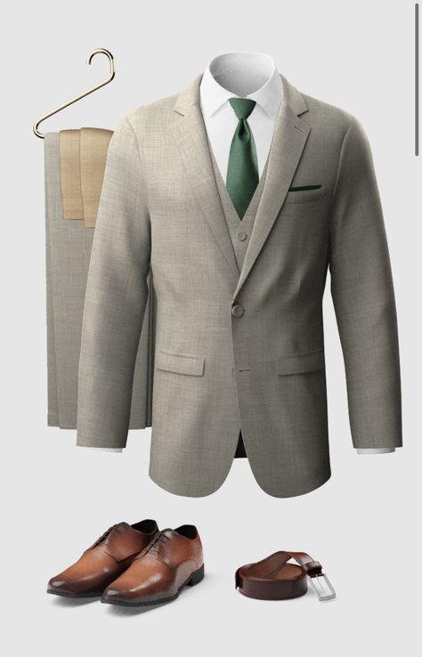 Suit With Champagne Tie, Champagne Tie, Groomsmen Looks, Charcoal Suit, Eucalyptus Green, Green Suit, Green Tie, Gray Suit, Collar Shirt