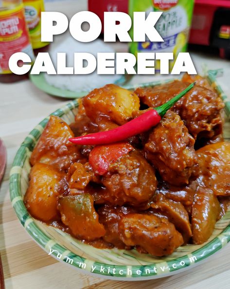 Pork Caldereta - Yummy Kitchen Pork Caldereta Recipe, Pork Caldereta, Pork Afritada, Recipes With Pork Chunks, Souse Recipe, Pork With Pineapple, Sweet And Sour Pork Chops, Caldereta Recipe, Filipino Pork Recipes