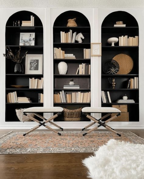 Black Glass Cabinet, Builtin Bookshelves, Arched Bookcase, Bookcase Ideas, Tv Wand, Ikea Billy, Room Renovation, Built In Bookcase, Built In Cabinets