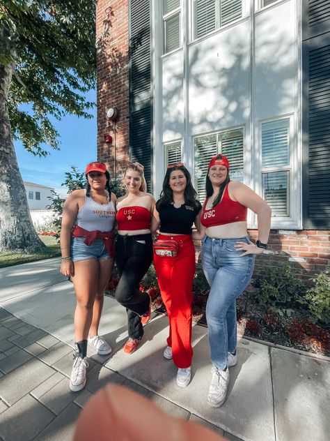 red jeans, sorority, trojans, football outfit inspo Gameday Outfit Football, College Vibes, Trojans Football, College Gameday Outfits, Football Outfit, Gameday Outfits, College Gameday, Red Jeans, Sorority Outfits