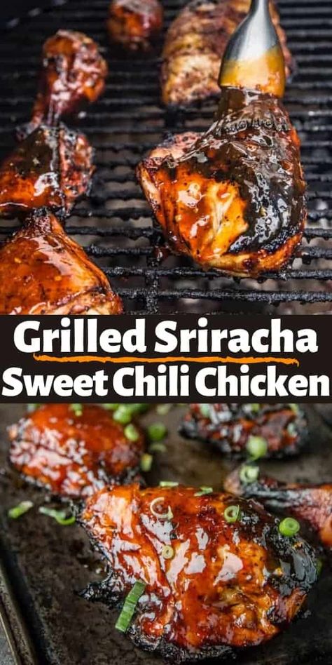 Grilled Sriracha Sweet Chili Chicken combines chicken pieces in a savory marinade, grilled to perfection, and then finished with a sweet chili glaze. Best Bbq Chicken, Spicy Grilled Chicken, Sweet Chili Chicken, Balsamic Vinegar Chicken, Sriracha Chicken, Chili Chicken, Bbq Chicken Recipes, Grill Recipes, Giada De Laurentiis