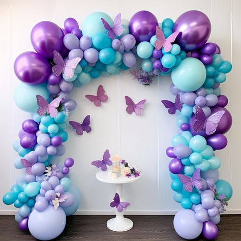 Birthday decore garland #garland #ballons #birthdaygirl #birthdaypartyideas #birthdaydecoration #decor #eventplanner #eventstyling #event #birthday Birthday Ballon Decorations, Graduation Party Purple, Purple Birthday Party Decorations, Butterfly Themed Birthday Party, Butterfly Birthday Theme, Sweet 16 Decorations, Simple Birthday Decorations, Butterfly Birthday Party, Baby Shower Deco