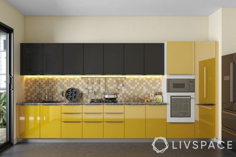 25+ Kitchen Designs That Will Inspire You (With Amazing Pictures) Acrylic Modular Kitchen Design, Acrylic Kitchen Cabinets, Yellow Kitchen Designs, Glossy Kitchen, Kitchen Colour Combination, One Wall Kitchen, Modular Kitchen Cabinets, Kitchen Modular, Modular Kitchen Designs