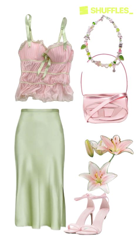 Created by kierarattanavong on Shuffles Orange Outfit, Outfit Layout, Woman Suit Fashion, Fairy Fashion, Green And Pink, Feminine Outfit, Really Cute Outfits, Suit Fashion, Kpop Outfits