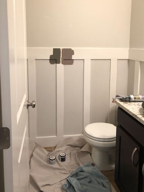 DIY Board and Batten Board And Batten Around Toilet, Half Bath Board And Batten, Board And Batten Small Bathroom, Bathroom Board And Batten With Hooks, Camper Projects, Batten Diy, Bathroom Measurements, Small Half Bath, 2023 Decor