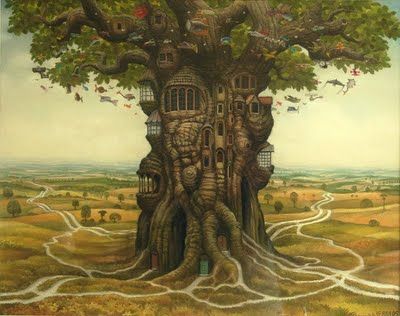 City Tree Jacek Yerka, City Tree, Fantasy Tree, Dnd Ideas, Fantasy City, Fantasy Places, Paul Gauguin, Hyperrealism, Environment Concept Art