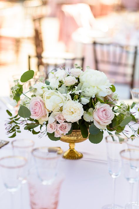 Blush And Cream Wedding Centerpieces, Blush Wedding Centerpieces Romantic, Blush Pink And Gold Wedding Decorations, Blush And Ivory Wedding Centerpieces, Peony Wedding Table Decor, Blush Centerpieces, Blush Sage And Gold Wedding Centerpieces, Blush Pink And Greenery Wedding Tables, White Green And Light Pink Wedding Flowers