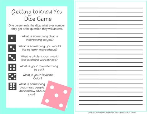 Life's Journey To Perfection: Getting to Know You Dice Game Printable Crafts Printable, Activity Day Girls, Lds Lessons, Get To Know You Activities, Yw Activities, Relief Society Activities, Primary Activities, Personal Progress, Youth Activities