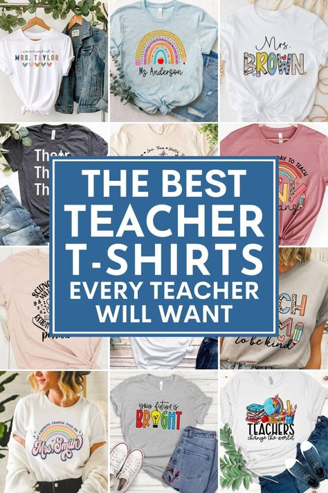 An awesome collection of the best teacher t-shirts every teacher will want! We've found more than 50 fun t-shirts we know teachers will love to wear this school year. T Shirt For Teachers, Teachers T Shirts Ideas Design, Popular Teacher Shirts, Inspirational Teacher Shirts, Teacher Tshirts Designs Funny, Tshirts Cricut Ideas, Back To School Tshirt Ideas For Teachers, Fun Teacher Tshirts, Staff Shirts For Teachers