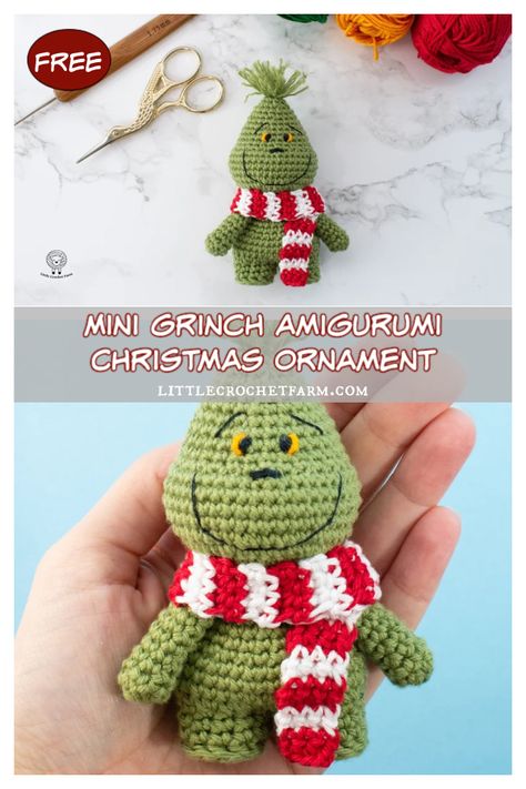 Mini Grinch Amigurumi Christmas Ornament Free Crochet Pattern Crochet Grinch, Crochet Christmas Ornaments Free Pattern, Grinch Ornament, Holiday Crochet Patterns, Crochet Christmas Ornaments Free, Christmas Crochet Patterns Free, Amigurumi Christmas, Grinch Ornaments, Crochet Dog Patterns