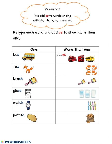 Plurals: Adding es - Interactive worksheet Adding S And Es Worksheets, S And Es Worksheet, S Es Worksheets, Es Plural Worksheet, Singular And Plural Worksheet, Plural Nouns Worksheet 1st Grade, Singular Plural Worksheets, Singular Plural Worksheets For Grade 1, Plural S And Es Worksheets