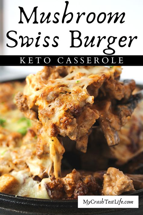 This Keto Bacon Mushroom Swiss Burger Casserole is all your favourite burger flavour without all the carbs! This low carb weeknight casserole has layers of flavour and texture without any of the carbs. Easy to make requiring only 7 ingredients, this burger casserole tastes like it’s right from your favourite burger spot. Keto Hamburger Mushroom Bake, Mushroom And Swiss Burger Casserole, Keto Hamburger Patties, Mushroom Cheeseburger Casserole, Mushroom Burger Casserole, Hamburger Keto Recipes, Keto Hamburger Casserole, Keto Burger Recipes, Low Carb Burger Recipes