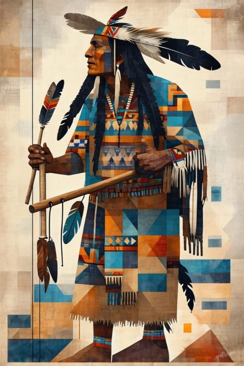 The image features an illustration of an indigenous warrior. The artwork portrays a Native American in traditional attire, standing with a confident stance. He is adorned with feather headdress, beaded clothing, and holds a spear in one hand. His expression is serious, and he gazes directly ahead. The background is simple, providing a clear view of the subject without any distractions. Beaded Clothing, Native American Warrior, Feather Headdress, Traditional Attire, Clear View, Headdress, Poster Wall Art, Native American, Nativity