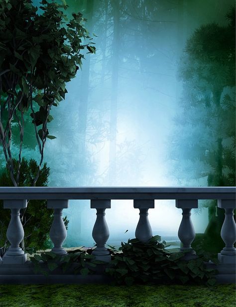 Who is standing here? Where is this place? #storysettinginspiration #storyinspiration  Blue, Balcony, Landscape, Atmosphere, Wood, Romantic Castle Balcony, Blue Balcony, Balcony Landscape, Episode Backgrounds, Romantic Background, Background Design Vector, Misty Forest, Iphone Background Images, Acrylic Painting Tutorials